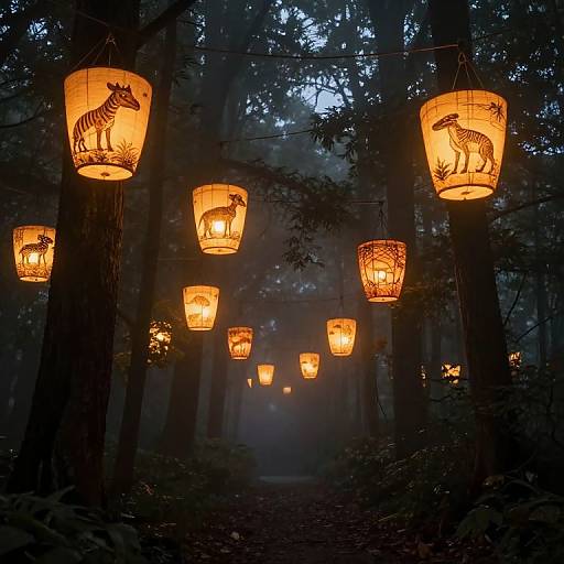 Ethereal Lanterns in Misty Forest