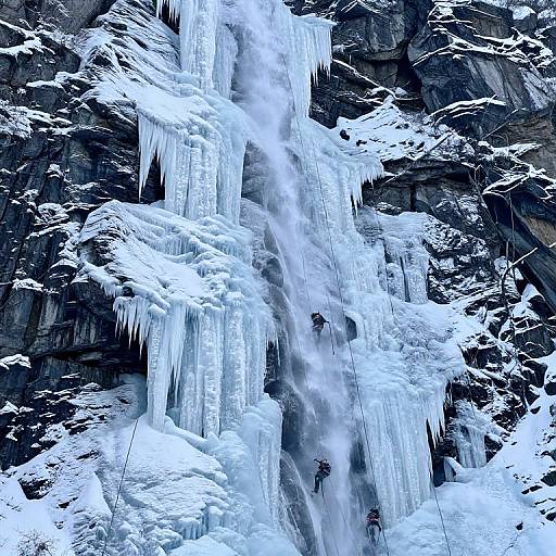 Photograph of a towering, icy waterfall with thick, white icicles hanging from dark, rocky cliffs, creating a stark, frozen, and dramatic natural