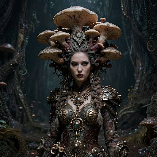 Digital artwork of a mysterious, fair-skinned woman with large, ornate mushroom headdress, adorned in intricate, metallic armor, standing in a dark