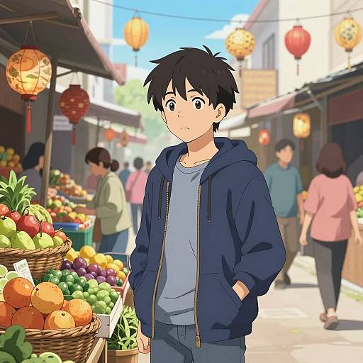 Anime Teen in Bustling Market Street