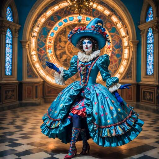 Person in Cerulean Jester Costume in Ornate Hall
