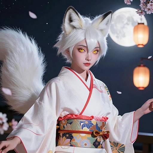 Digital artwork of an anime-style fox girl with white hair, yellow eyes, and fox ears, wearing a white kimono with floral obi, under