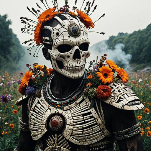Warrior in Tribal Bone-Carved Armor with Floral Decoration