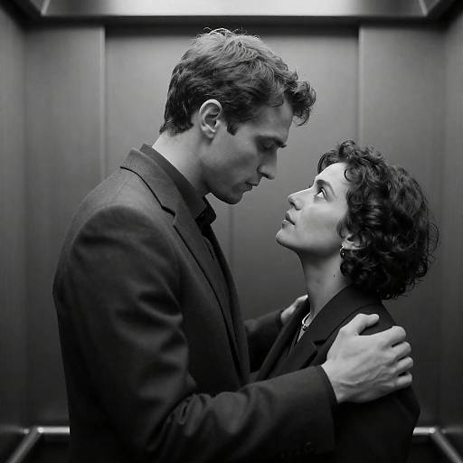Intimate Elevator Moment in Monochrome