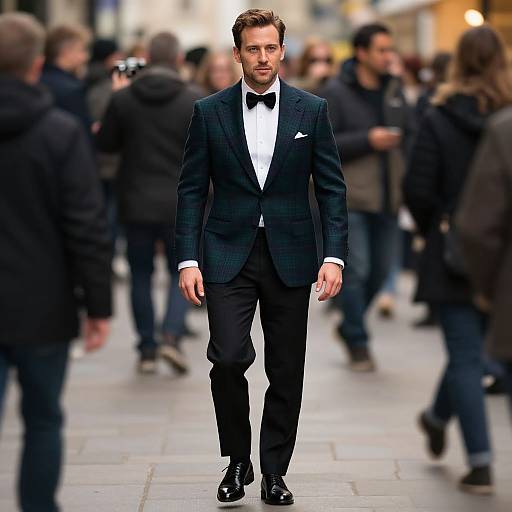 Photograph of a handsome, fair-skinned man with short brown hair, wearing a black checkered tuxedo, white shirt, black bow tie