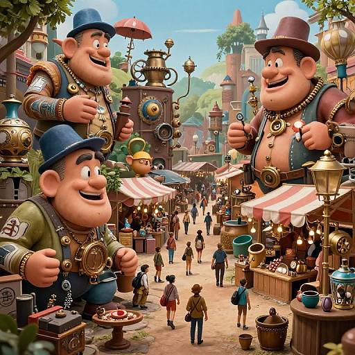 Colorful CGI market scene with three smiling, oversized, medieval-style men in hats and vests, selling steaming pots and tea sets. Bustling,