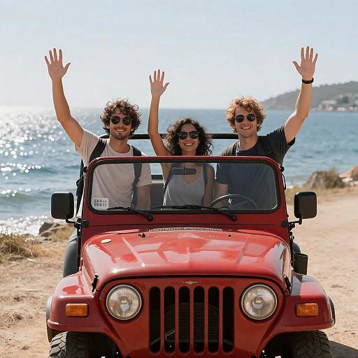 Adventurous Trio in a Vintage Jeep
