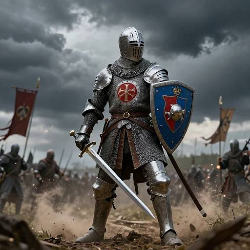 Photograph of a medieval knight in silver armor, holding a sword and shield, standing in a dusty battlefield under a stormy sky.