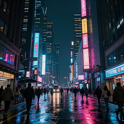 Neon-lit, rainy urban street scene at night, featuring brightly colored vertical signs, silhouetted pedestrians, and reflections on wet pavement.