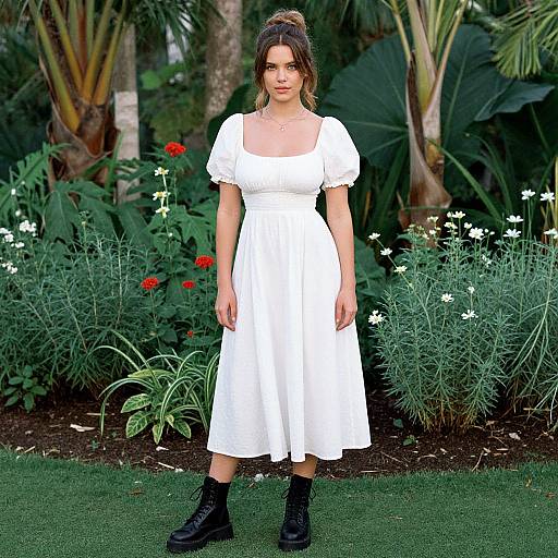 Photograph of a woman with medium-length brown hair in a white, short-sleeved, knee-length dress and black boots, standing in a lush
