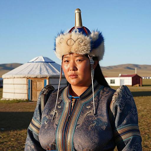 Photograph of an Asian woman with tan skin, wearing traditional embroidered blue dress and fur-trimmed hat, standing in front of a white yurt in