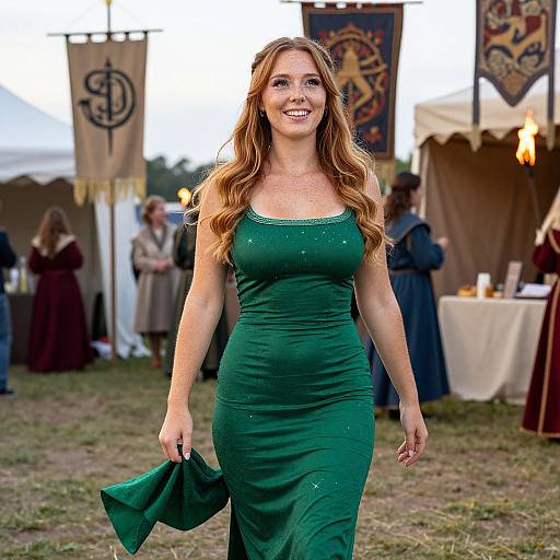 Photograph of a smiling, red-haired woman with wavy hair in a form-fitting, green dress, walking outdoors at a medieval-style event with