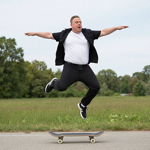 Photograph of a plus-sized man mid-jump over a skateboard in a grassy field, wearing a white shirt, black jacket, pants, and
