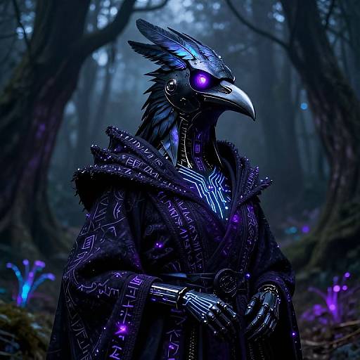 Digital art of a glowing, cybernetic bird-like creature with purple eyes, wearing a dark, patterned cloak in a mystical, blue-lit