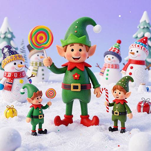 Colorful photograph of three elf toys in green outfits with red scarves and hats, holding candy and lollipops, standing in a snowy landscape