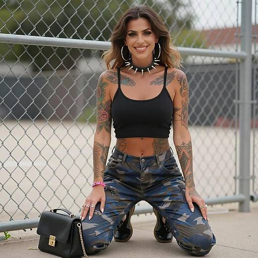 Tattooed Woman Kneeling Outdoors