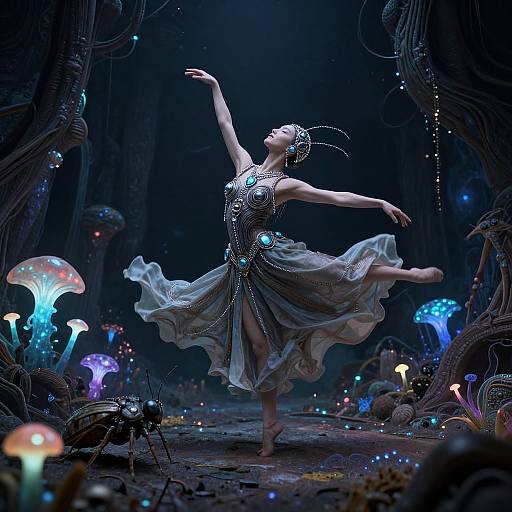 Digital art: Elegant ballerina in flowing, beaded dress dances in a dark, enchanted forest with glowing mushrooms and ethereal lights.