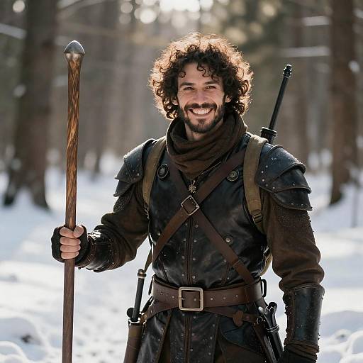 Heroic Figure in Snowy Forest Landscape