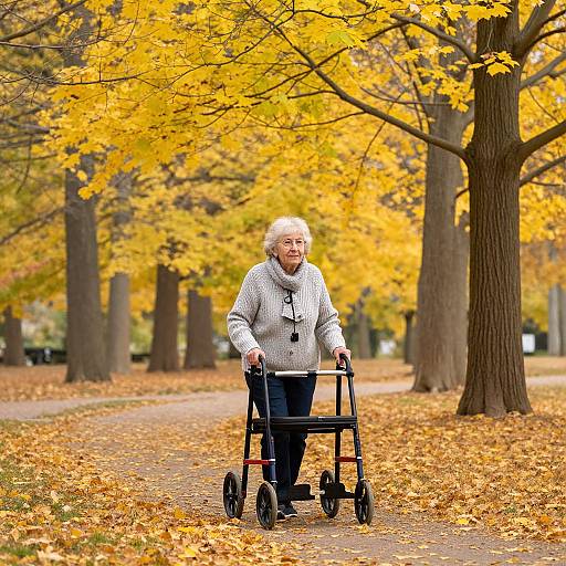 Photograph of elderly woman with white hair, gray sweater, and black pants, walking a black scooter in a park with vibrant autumn yellow leaves and fallen