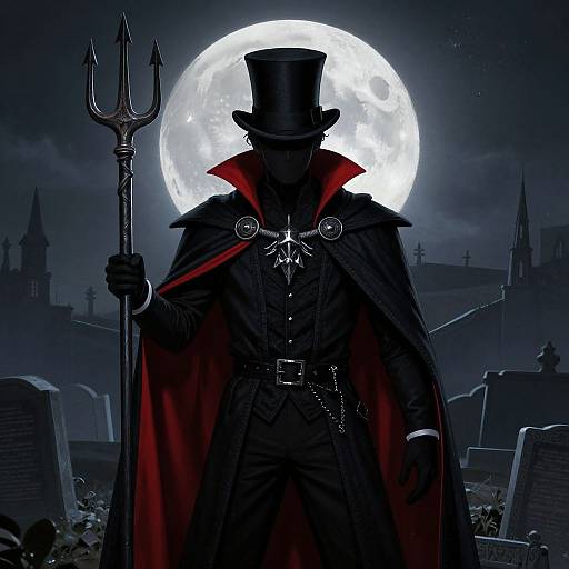 Digital illustration of a mysterious vampire with a top hat, black cloak with red lining, holding a trident, standing before a full moon, graveyard background
