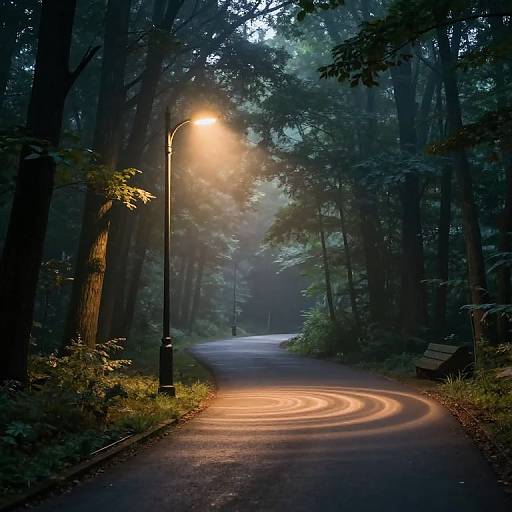 Photograph of a dimly lit, winding forest path with a glowing streetlamp casting swirling light patterns on the wet asphalt. Tall trees and mist create