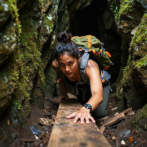 Adventurous Woman Exploring Mossy Cave