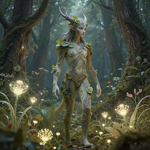 Fantasy CGI of a horned, fairy-like creature with leafy armor, standing in a glowing, enchanted forest filled with ethereal flowers.
