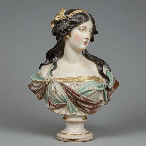 Photograph of an intricately painted porcelain bust of a serene woman with long black hair, wearing a green and brown draped gown, gold headpiece,