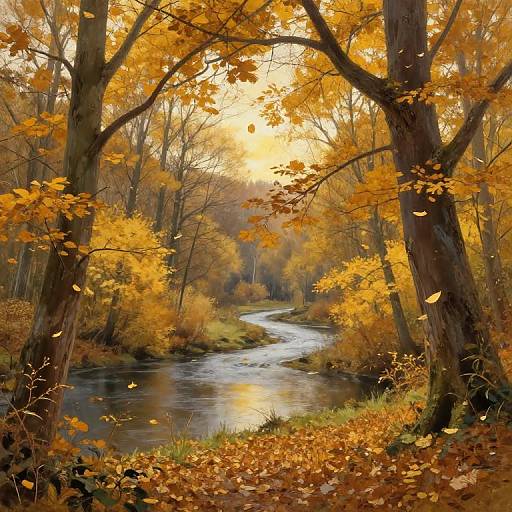 Photograph of a serene autumn forest with a winding creek, golden leaves, and tall trees, bathed in warm sunlight.