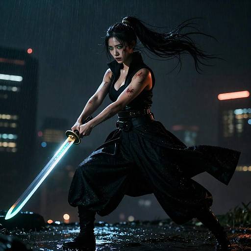 Cyberpunk Warrior Woman in Neon Night