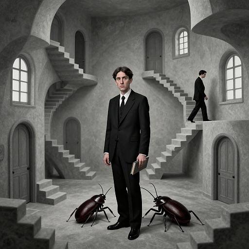 Photograph of a serious man in a black suit standing in a gray stone room with two large beetles, stairs, and another man walking in the