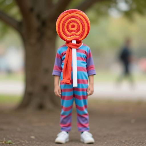 Photograph of a child in a blue and red striped pajama outfit, white shoes, and a giant red spiral lollipop for a head, standing
