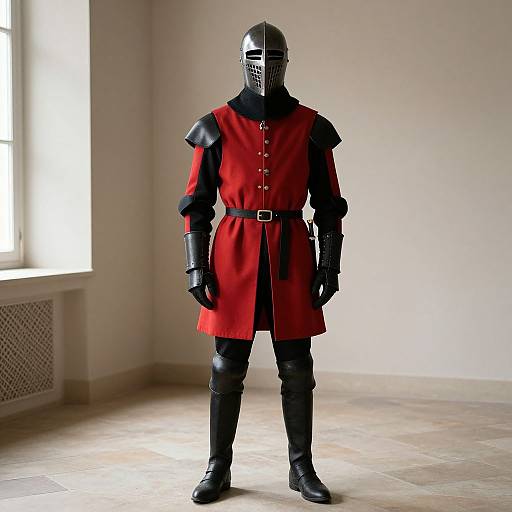 Photograph of a full-body medieval knight armor stand in a sunlit room, featuring a red tunic, black helmet, and gauntlets.