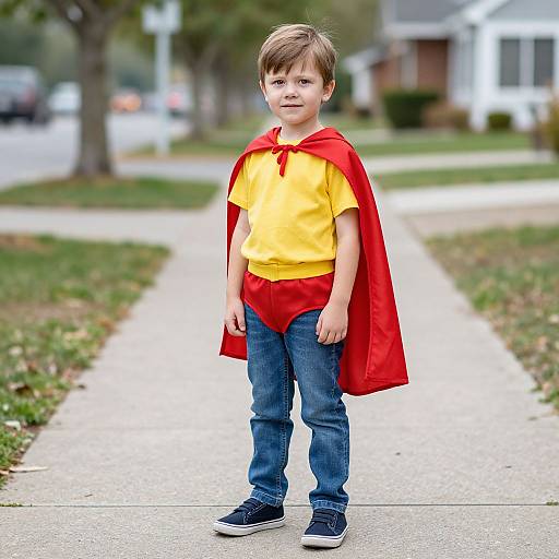 Photograph of a young boy with brown hair, wearing a yellow shirt, red cape, blue jeans, and black sneakers, standing on a suburban sidewalk