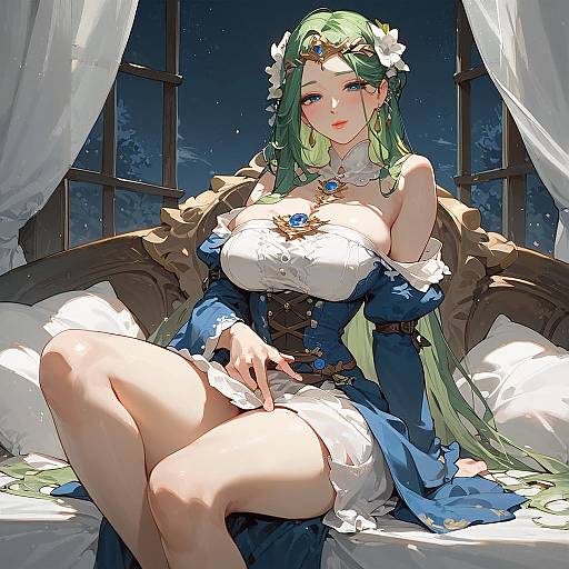 Green-Haired Princess Smiling on Bed