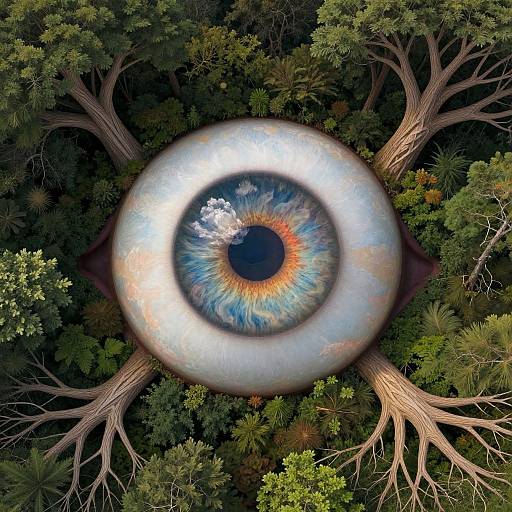 Digital artwork of a giant blue and orange iris centered in a dense forest, surrounded by trees with intricate, spreading roots.