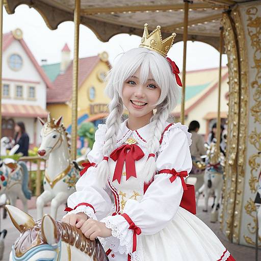 Photograph of a young girl with white hair, blue eyes, and a gold crown, wearing a white and red Victorian-style dress, smiling while riding