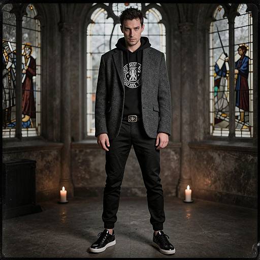 Photograph of a young man in a dark gray blazer, black hoodie, black pants, and sneakers, standing in a dimly lit, go