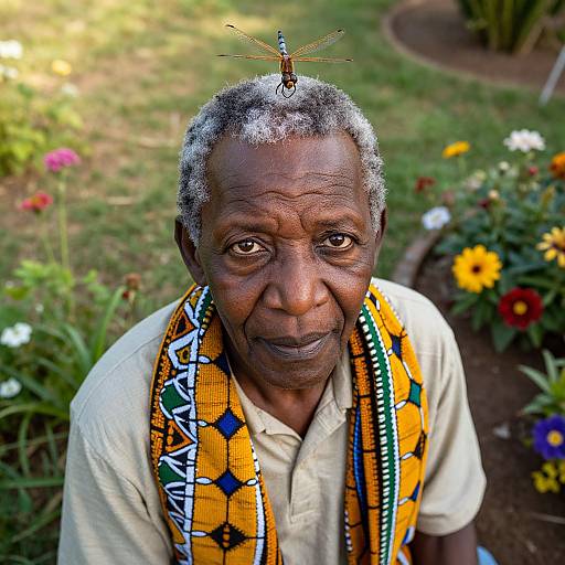 Photograph of an elderly African man with gray hair, wearing a yellow and blue patterned scarf, a white shirt, and a butterfly on his head