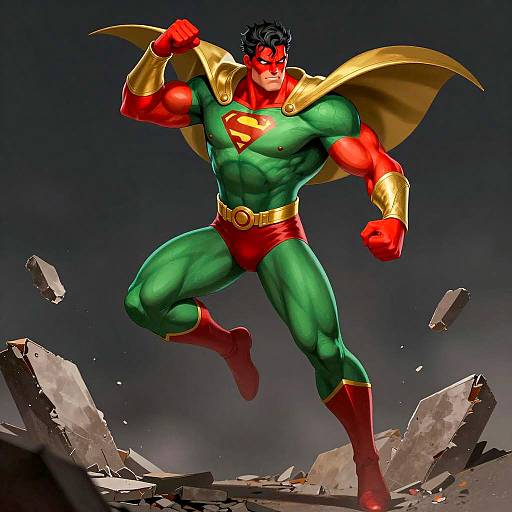 Muscular Superhero in Dynamic Pose with Red and Green Costume