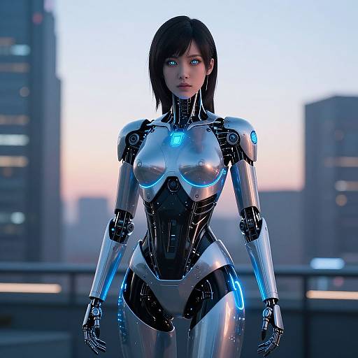 CGI image of a sleek, futuristic, silver and black female android with blue glowing accents, standing against a cityscape background.