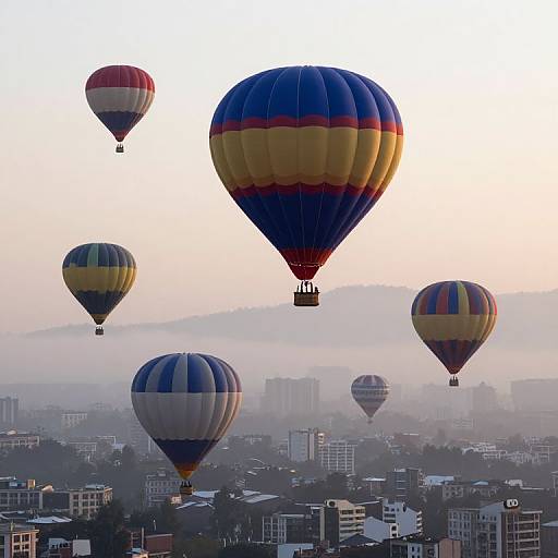 Photograph of six colorful hot air balloons floating above a foggy cityscape at sunrise, with buildings and hills in the background.