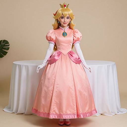 Photograph of a blonde, fair-skinned woman in a pink Princess Peach cosplay dress, white gloves, crown, and red shoes, standing in front