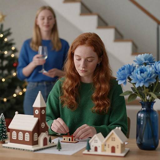 Young Woman Building Christmas Village Scene