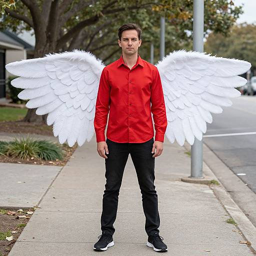 Photograph of a man with short dark hair, wearing a red shirt, black pants, and black sneakers, standing on a sidewalk with large white feather