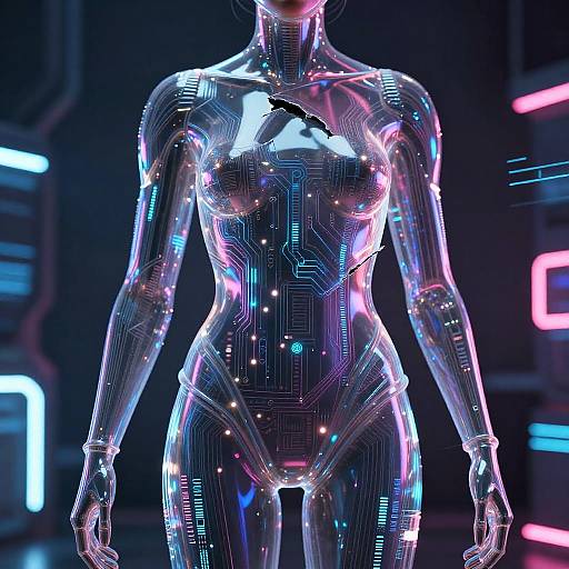 Neon-lit, futuristic CGI image of a transparent, humanoid robot with intricate circuitry patterns, glowing blue and pink lights, set against a dark