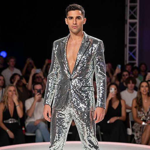 Photograph of a male model in a silver sequin suit with a deep V-neck, walking a fashion runway, with a blurred audience in the background