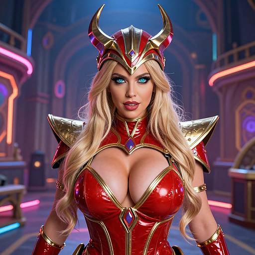 Digital art of a blonde, blue-eyed, busty woman in red and gold demon armor with horns, in a neon-lit, futuristic cathedral.