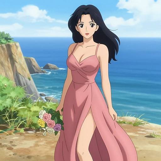 Anime-style drawing of a fair-skinned woman with long black hair, wearing a pink, sleeveless, high-slit dress, holding a bouquet of
