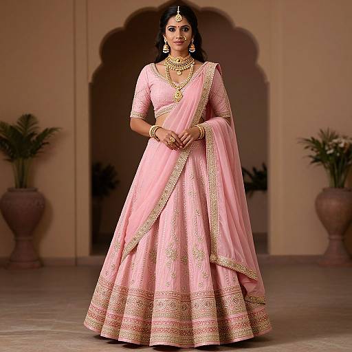 Photograph of a beautiful Indian woman in a pink traditional lehenga with gold embroidery, standing in an ornate, beige-walled room.